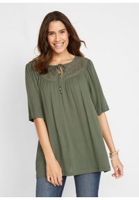 bonprix - Długa tunika z kreszowanego materiału, rękaw 1/2. Kolor: zielony. Materiał: materiał. Długość rękawa: krótki rękaw. Długość: krótkie, długie #1