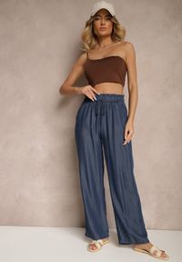 Renee - Granatowe Spodnie z Bawełny High Waist z Gumką i Wiązaniem w Talii Lisadriela. Okazja: na co dzień. Stan: podwyższony. Kolor: niebieski. Materiał: bawełna. Sezon: lato, wiosna. Styl: elegancki, casual #3