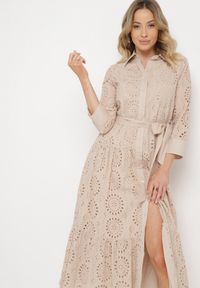 Born2be - Beżowa Bawełniana Sukienka Ażurowa o Koszulowym Kroju Elowetia. Okazja: na imprezę. Kolor: beżowy. Materiał: bawełna. Długość rękawa: długi rękaw. Wzór: ażurowy. Typ sukienki: koszulowe. Styl: boho, elegancki #5