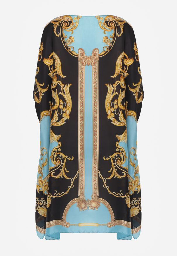 Renee - Niebieskie Ponczo z Satyny z Jedwabiem Wiskozą i Geometrycznym Printem Doreleia. Okazja: na co dzień. Kolor: niebieski. Materiał: jedwab, wiskoza, satyna. Wzór: nadruk, geometria. Styl: elegancki, casual