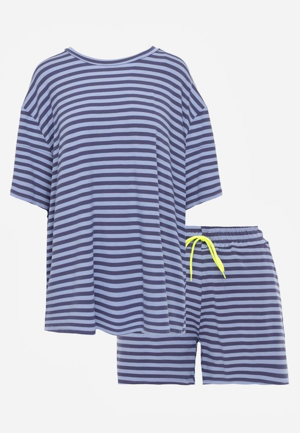 Born2be - Niebieski Letni Komplet Oversize z Wiskozy w Paski T-Shirt i Szorty Agathona. Kolor: niebieski. Materiał: wiskoza. Wzór: paski
