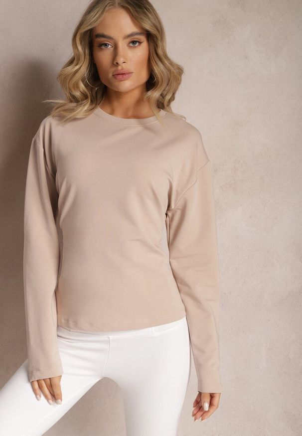 Renee - Beżowa Bawełniana Bluza z Ozdobnym Wiązaniem Fanarita. Kolor: beżowy. Materiał: bawełna