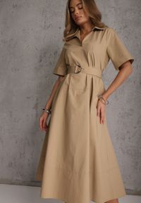 Renee - Beżowa Pudełkowa Sukienka z Bawełny Ozdobiona Przeszyciami i Paskiem Anthionis. Okazja: na co dzień. Kolor: beżowy. Materiał: bawełna. Wzór: aplikacja. Typ sukienki: proste. Styl: elegancki, casual #1