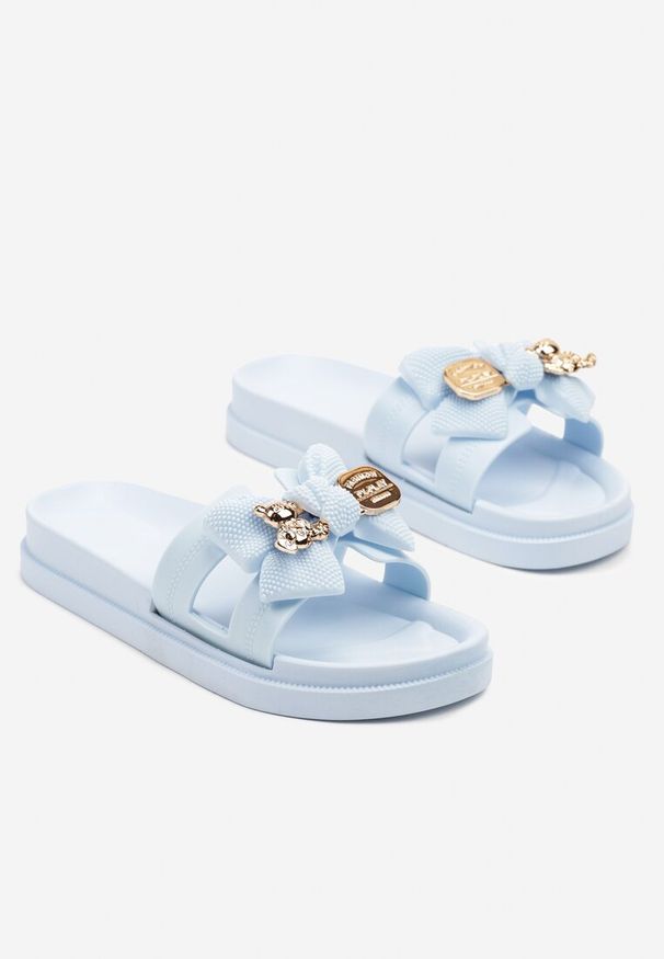 Born2be - Niebieskie Klapki z Kokardą i Metalicznymi Ozdobami Andvisa. Okazja: na co dzień. Kolor: niebieski. Wzór: aplikacja. Sezon: lato. Styl: casual