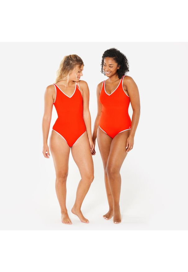 Decathlon - Strój jednoczęściowy pływacki damski Nabaiji 100 Virginia. Kolor: czerwony, biały, wielokolorowy, pomarańczowy. Materiał: prążkowany