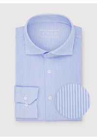 Pako Lorente - PAKO LORENTE - Niebieska koszula w prążek. Typ kołnierza: kołnierzyk włoski. Kolor: niebieski. Materiał: dzianina, poliester, bawełna. Długość rękawa: długi rękaw. Długość: długie. Wzór: prążki #5