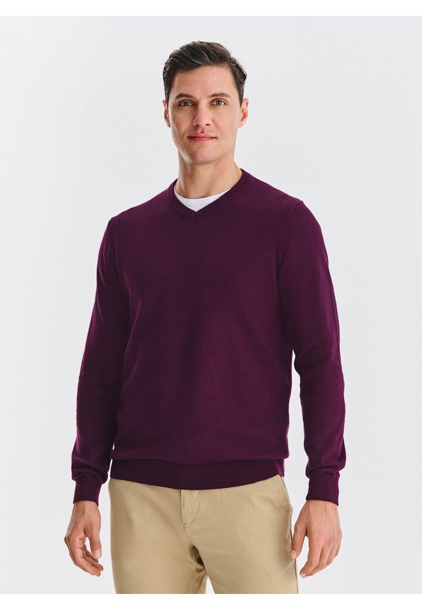 Pako Lorente - PAKO LORENTE – Fioletowy bawełniany sweter v-neck. Okazja: na co dzień. Kolor: fioletowy, czarny. Materiał: bawełna. Sezon: jesień. Styl: casual