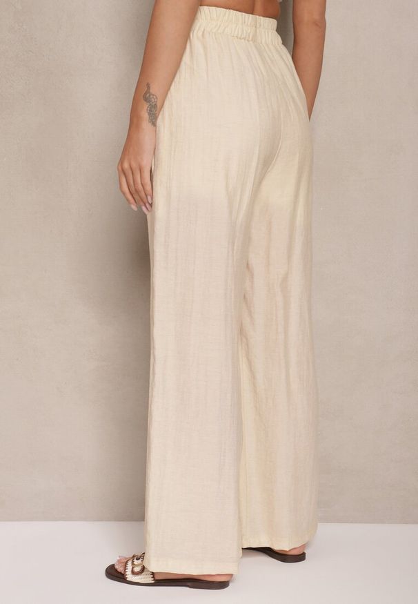 Renee - Jasnobeżowe Wiskozowe Spodnie Palazzo High Waist z Lnem Linaselia. Okazja: na co dzień. Stan: podwyższony. Kolor: beżowy. Materiał: wiskoza, len. Styl: elegancki, casual