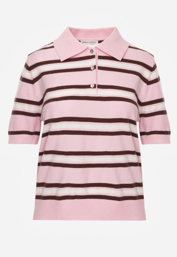 Born2be - Różowy T-shirt Typu Polo z Wiskozą Ozdobiony Guzikami i Paskami Esefia. Okazja: na co dzień. Typ kołnierza: polo. Kolor: różowy. Materiał: wiskoza. Wzór: aplikacja. Styl: casual