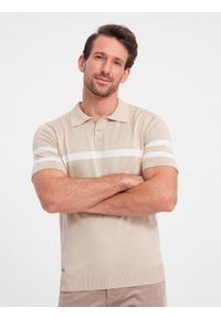 Ombre Clothing - Męska koszulka polo z miękkiej dzianiny z kontrastowymi pasami - beżowa V4 - Rozmiar: L. Okazja: na co dzień. Typ kołnierza: polo. Kolor: beżowy. Materiał: dzianina. Długość: krótkie. Wzór: paski. Styl: casual