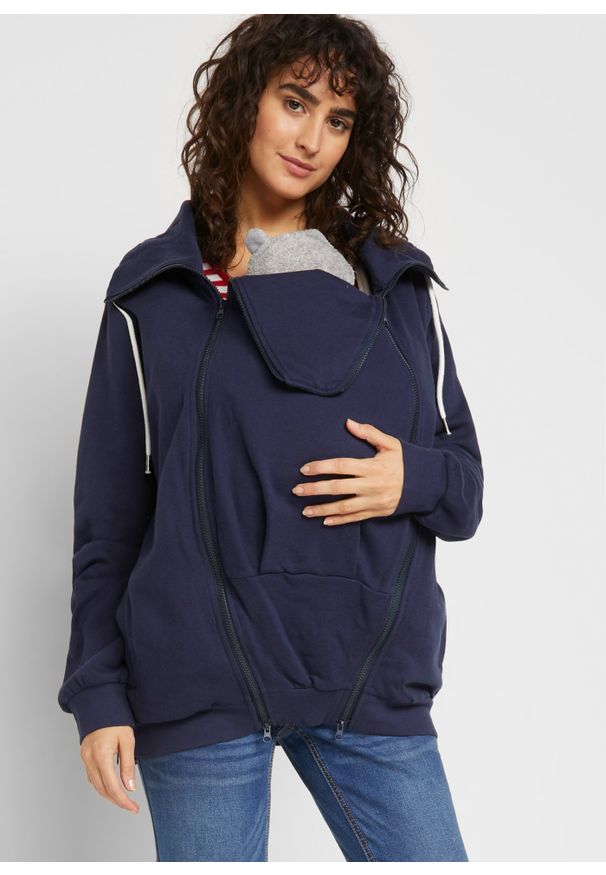 bonprix - Bluza rozpinana ciążowa z wstawką na nosidełko niemowlęce. Kolekcja: moda ciążowa. Kolor: niebieski