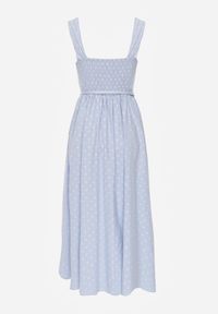 Born2be - Niebieska Bawełniano-Wiskozowa Sukienka Retro w Groszki o Rozkloszowanym Kroju Eviphaia. Okazja: na co dzień. Kolor: niebieski. Materiał: wiskoza, bawełna. Wzór: grochy. Typ sukienki: rozkloszowane. Styl: retro #3