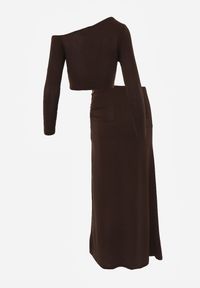 Renee - Brązowy Komplet Spódnica i Longsleeve Zdobione Marszczeniami i Aplikacjami Bervessa. Kolor: brązowy. Wzór: aplikacja #6