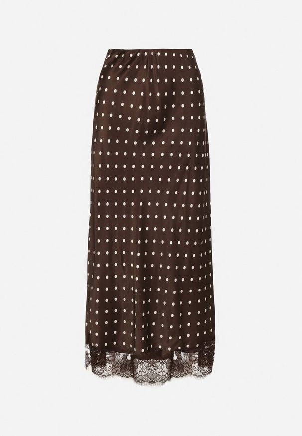 Born2be - Brązowa Wiskozowa Spódnica z Wysokim Stanem w Kropki z Koronką Monivesa. Okazja: na co dzień. Stan: podwyższony. Kolor: brązowy. Materiał: wiskoza, koronka. Wzór: kropki, koronka. Styl: casual, elegancki