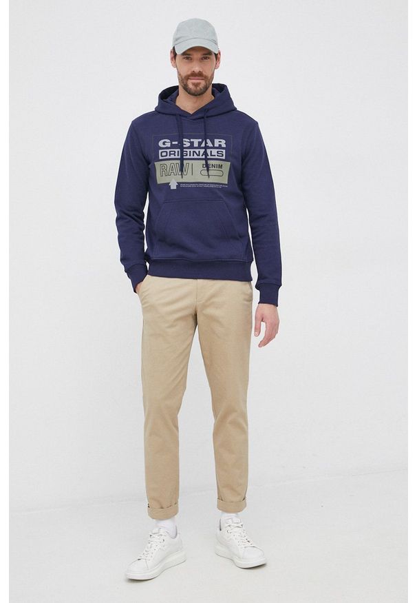G-Star RAW - G-Star Raw Bluza męska z kapturem z nadrukiem. Okazja: na co dzień. Typ kołnierza: kaptur. Kolor: niebieski. Materiał: dzianina, poliester. Wzór: nadruk. Styl: casual