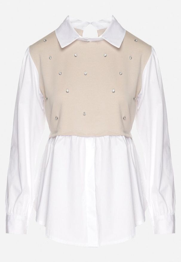 Born2be - Beżowa Rozkloszowana Bluzka Koszulowa z Wiskozą z Wszytą Kamizelką z Cyrkoniami Uliaviela. Okazja: na co dzień. Typ kołnierza: kołnierzyk klasyczny. Kolor: beżowy. Materiał: wiskoza. Długość rękawa: długi rękaw. Długość: długie. Wzór: aplikacja. Styl: casual, klasyczny, elegancki
