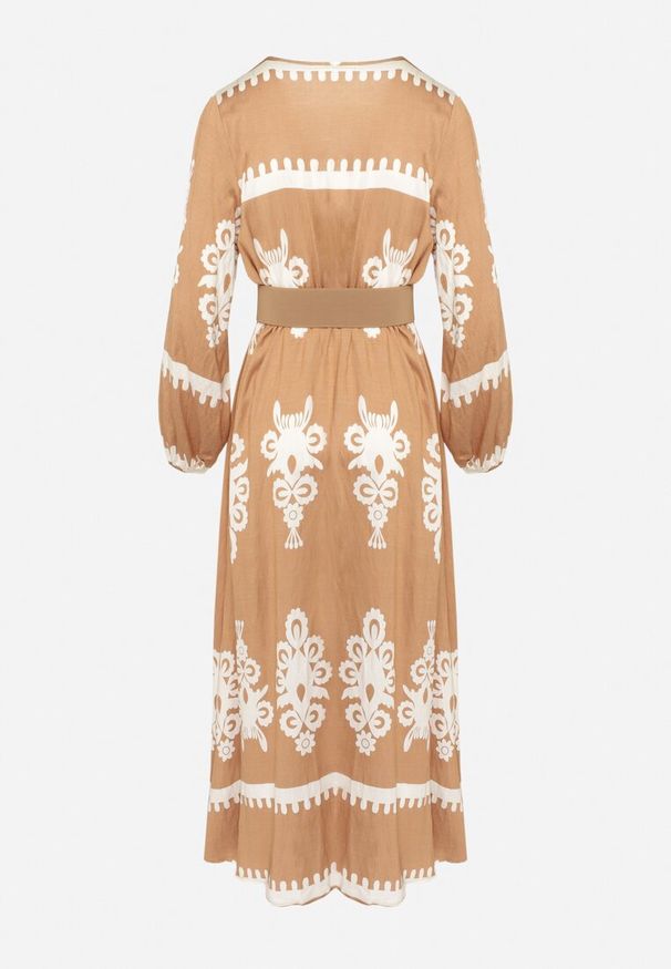 Born2be - Beżowa Wzorzysta Sukienka z Wiskozą o Kopertowym Kroju z Gumką w Talii i Paskiem Tifirae. Okazja: na co dzień. Typ kołnierza: dekolt w serek. Kolor: beżowy. Materiał: wiskoza. Wzór: aplikacja. Typ sukienki: kopertowe. Styl: casual, elegancki, wizytowy