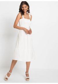 Sukienka midi lniana bonprix biel wełny. Kolor: biały. Materiał: wełna, len. Długość rękawa: na ramiączkach. Długość: midi #5