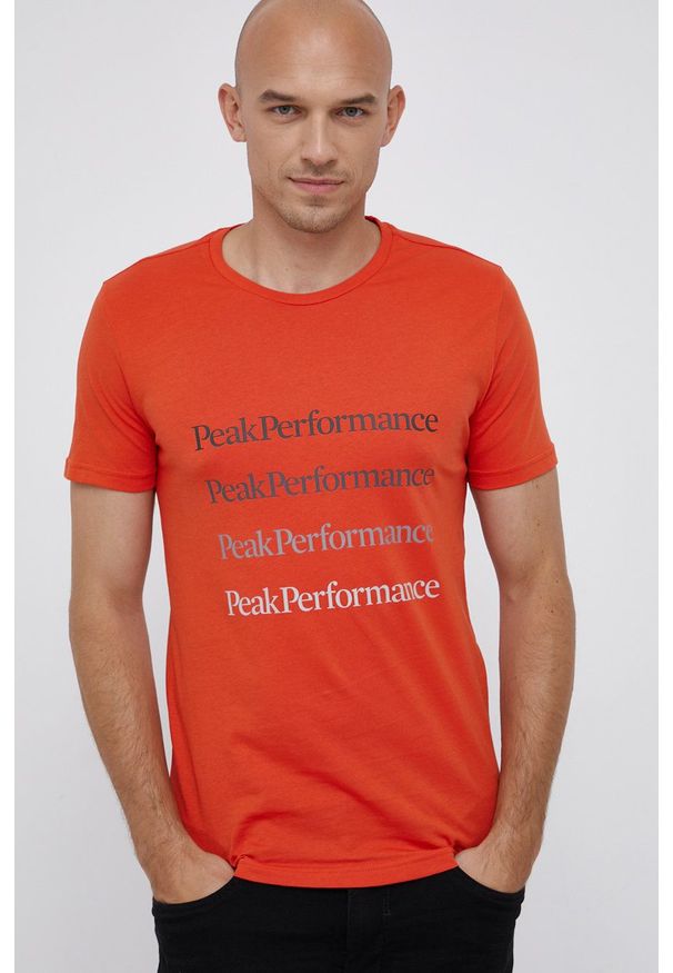 Peak Performance - T-shirt bawełniany. Okazja: na co dzień. Kolor: pomarańczowy. Materiał: bawełna. Wzór: nadruk. Styl: casual