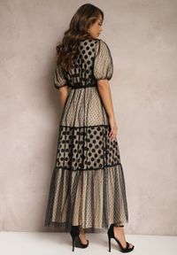 Renee - Beżowo-Czarna Maxi Sukienka Tiulowa Rozkloszowana z Paskiem i Bufiastymi Rękawami Bervilla. Kolor: beżowy. Materiał: tiul. Styl: elegancki. Długość: maxi