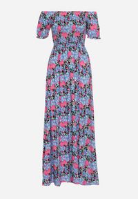 Born2be - Fioletowo-Niebieska Rozkloszowana Sukienka Typu Hiszpanka z Marszczoną Górą Jesteria. Typ kołnierza: dekolt hiszpanka. Kolor: fioletowy. Długość rękawa: krótki rękaw. Styl: wakacyjny, elegancki #6