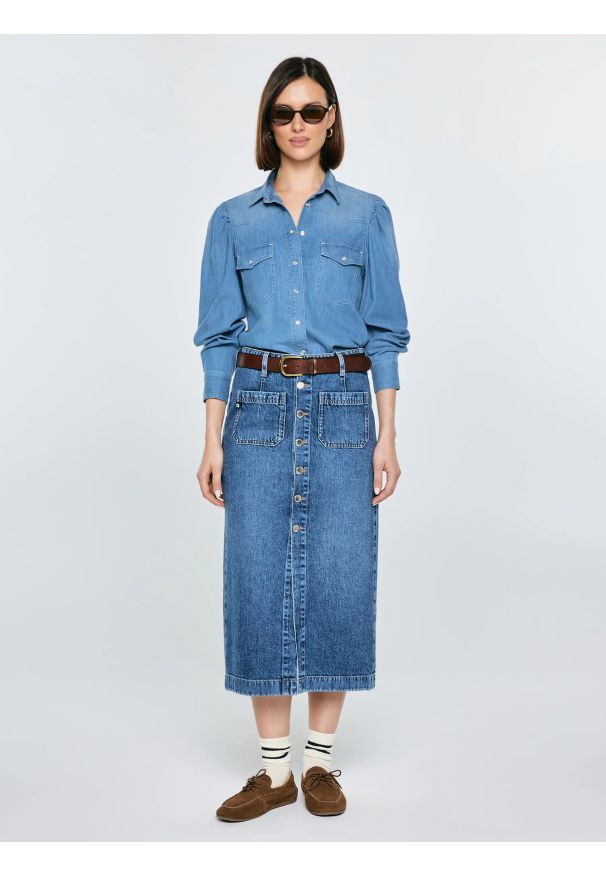 Big-Star - Spódnica damska midi jeansowa granatowa Gaia 627. Okazja: na co dzień. Stan: podwyższony. Kolor: niebieski. Materiał: jeans. Styl: casual, klasyczny, elegancki