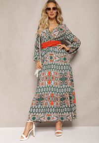 Renee - Zielona Sukienka Rozkloszowana z Paskiem Shara. Okazja: na plażę, na spacer. Kolor: zielony. Materiał: tkanina, materiał. Typ sukienki: kopertowe. Styl: boho. Długość: maxi
