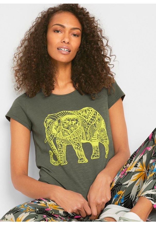 bonprix - Shirt bawełniany z nadrukiem z przodu, krótki rękaw. Kolor: zielony. Materiał: bawełna. Długość rękawa: krótki rękaw. Długość: krótkie. Wzór: nadruk