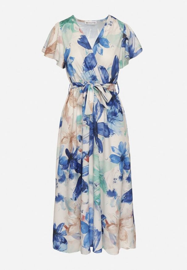 Born2be - Niebieska Sukienka w Kwiaty o Kopertowym Kroju z Wiązanym Paskiem Redanae. Okazja: na co dzień. Kolor: niebieski. Wzór: kwiaty. Typ sukienki: kopertowe. Styl: casual, elegancki