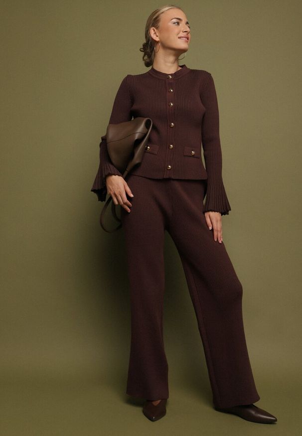 Born2be - Brązowy Dzianinowy Komplet z Wiskozą Kardigan i Szerokie Spodnie Conella. Kolor: brązowy. Materiał: dzianina, wiskoza