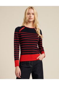Luisa Spagnoli - LUISA SPAGNOLI - Wełniany sweter w czerwone paski Modulo. Kolor: czerwony. Materiał: wełna. Długość rękawa: długi rękaw. Długość: długie. Wzór: paski