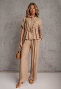 Renee - Beżowy Komplet z Wiskozy Spodnie Wide Leg i Bluzka ze Ściągaczem w Talii Daemnell. Kolor: beżowy. Materiał: wiskoza #5