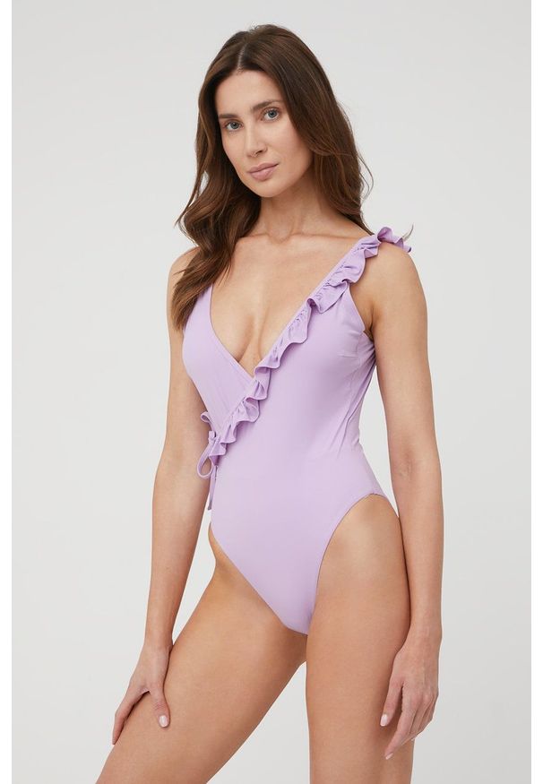 Pieces strój kąpielowy Victoria kolor fioletowy lekko usztywniona miseczka. Kolor: fioletowy. Materiał: dzianina. Wzór: gładki