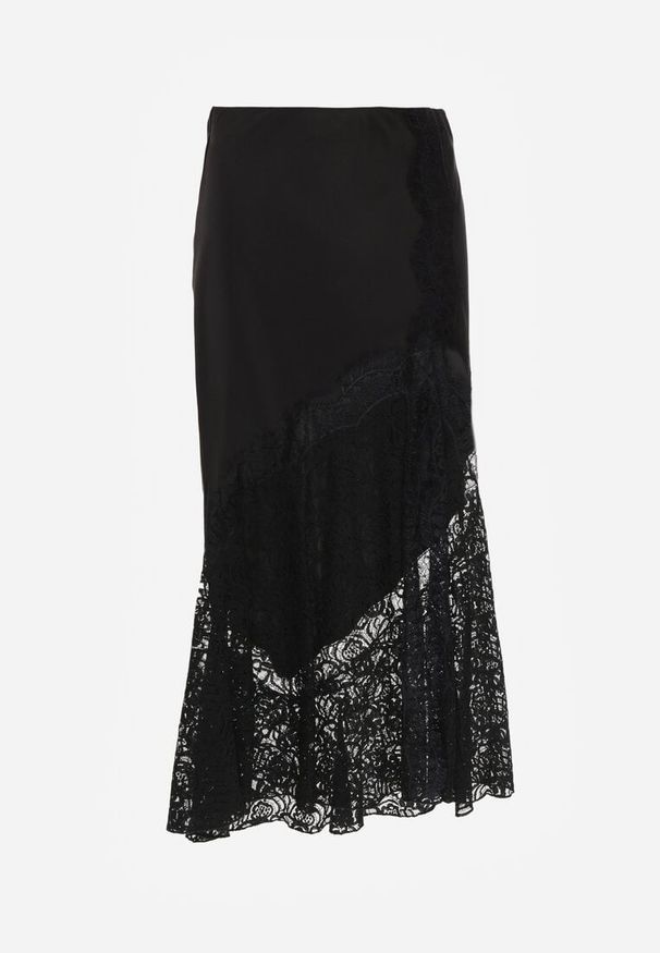 Renee - Czarna Satynowa Spódnica Ozdobiona Rozcięciem na Nogę i Koronką Saviraet. Kolor: czarny. Materiał: satyna, koronka. Wzór: aplikacja, koronka. Styl: elegancki