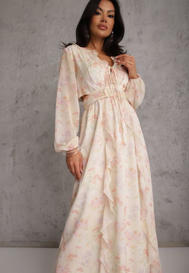 Renee - Żółta Eteryczna Sukienka Cut Out z Falbanami i Ozdobnym Wiązaniem Grynyla. Okazja: na randkę. Kolor: żółty. Materiał: poliester. Styl: boho, elegancki