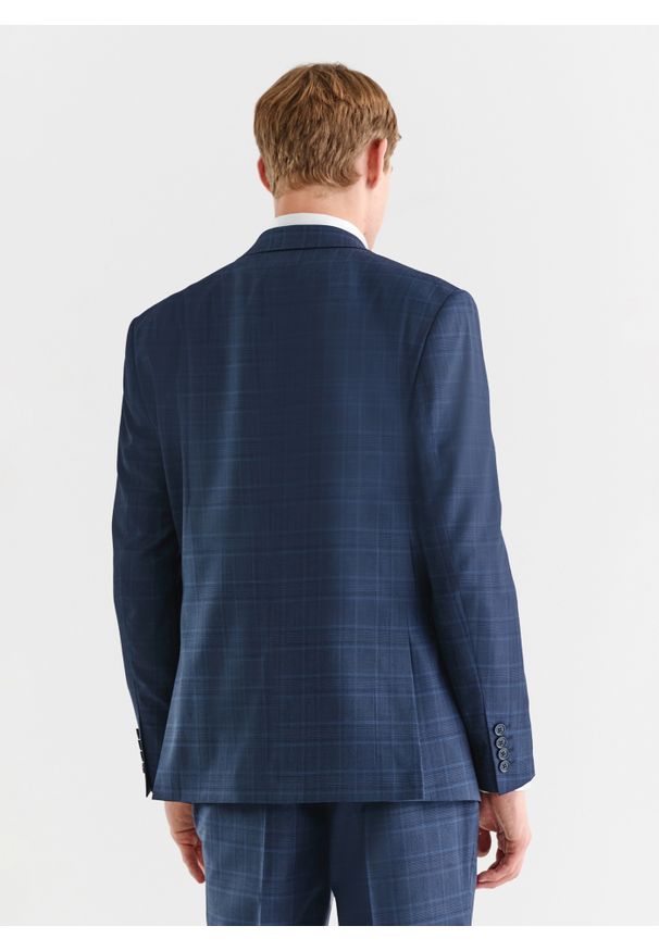 Pako Lorente - PAKO LORENTE – Granatowa marynarka garniturowa w delikatną niebieską kratkę. Okazja: na wesele, na ślub cywilny. Kolor: niebieski. Materiał: wełna. Wzór: kratka. Styl: elegancki
