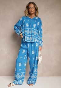 Renee - Niebieski Komplet w Stylu Etno Spodnie z Gumką w Pasie i Bluzka Oversize Eviralyn. Kolor: niebieski #3