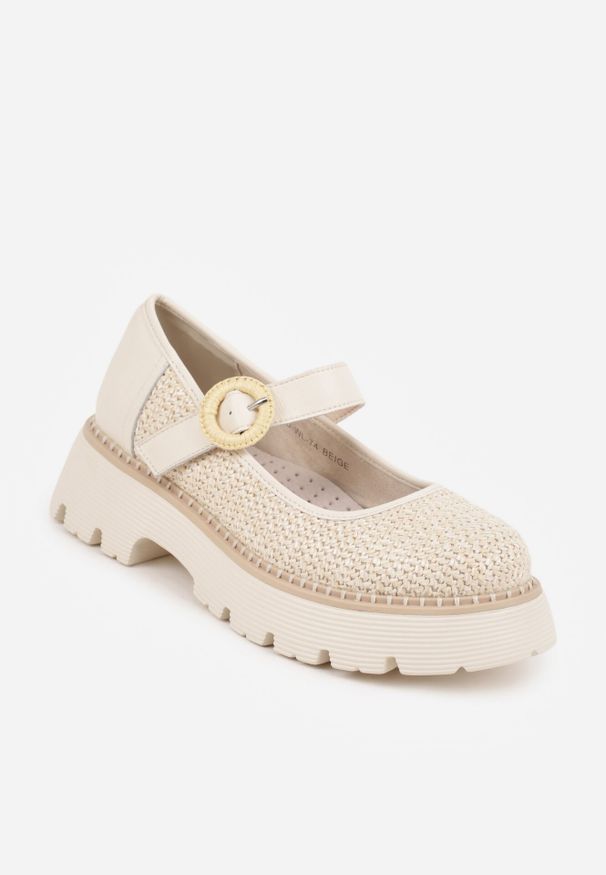 Born2be - Beżowe Skórzane Półbuty na Platformie z Paskiem z Klamerką i Plecionką Limnoreia. Okazja: na co dzień. Zapięcie: pasek. Kolor: beżowy. Materiał: skóra. Szerokość cholewki: normalna. Obcas: na platformie. Styl: klasyczny, casual