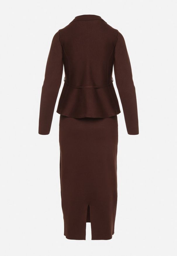 Born2be - Brązowy Komplet Garsonka z Wiskozą Marynarka z Paskiem i Ołówkowa Spódnica Zaise. Kolor: brązowy. Materiał: wiskoza