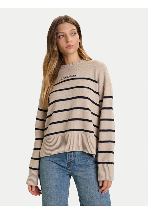 Guess Jeans Sweter W5BR03 Z3HM1 Beżowy Relaxed Fit. Kolor: beżowy. Materiał: bawełna