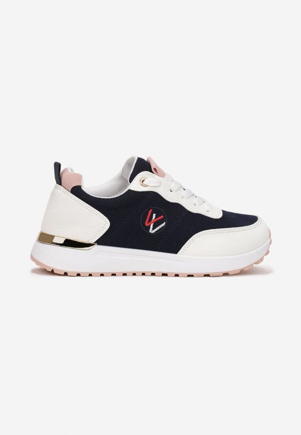 Renee - Granatowe Sneakersy z Haftowaną Naszywką i Metaliczną Wstawką Elnara. Okazja: na co dzień. Kolor: niebieski. Materiał: jeans. Wzór: aplikacja, haft