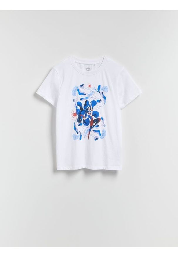 Reserved - T-shirt z nadrukiem - biały. Kolor: biały. Materiał: bawełna, dzianina. Wzór: nadruk