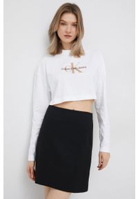 Calvin Klein Jeans longsleeve bawełniany kolor biały. Kolor: biały. Materiał: bawełna. Długość rękawa: długi rękaw. Wzór: nadruk