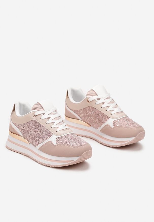Born2be - Różowe Sneakersy na Grubej Podeszwie Zdobione Brokatem i Metaliczną Wstawką Seravi. Kolor: różowy. Wzór: aplikacja