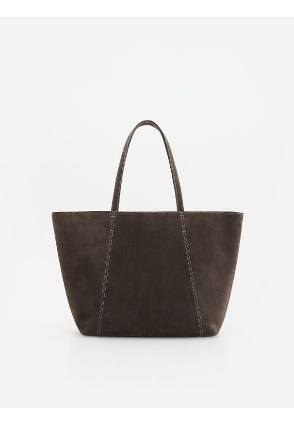 Reserved - Zamszowa torebka shopper - ciemnoszary. Kolor: szary. Materiał: zamszowe