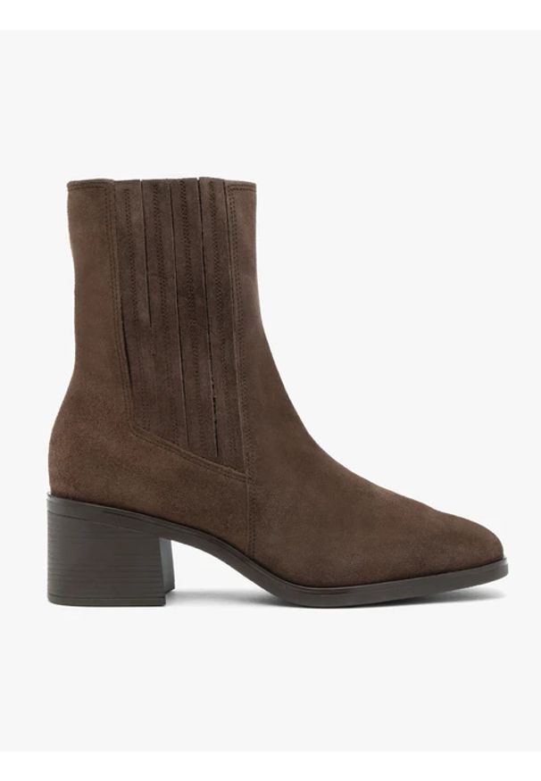 Ryłko - Brązowe sztyblety na słupku z przeszyciami. Zapięcie: zamek. Kolor: brązowy. Materiał: skóra, welur. Szerokość cholewki: normalna. Obcas: na słupku. Styl: elegancki, street. Wysokość obcasa: średni