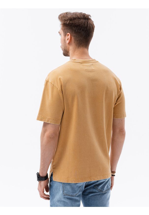 Ombre Clothing - T-shirt męski bawełniany S1379 - musztardowy - XXL. Kolor: żółty. Materiał: bawełna. Długość: krótkie. Wzór: geometria