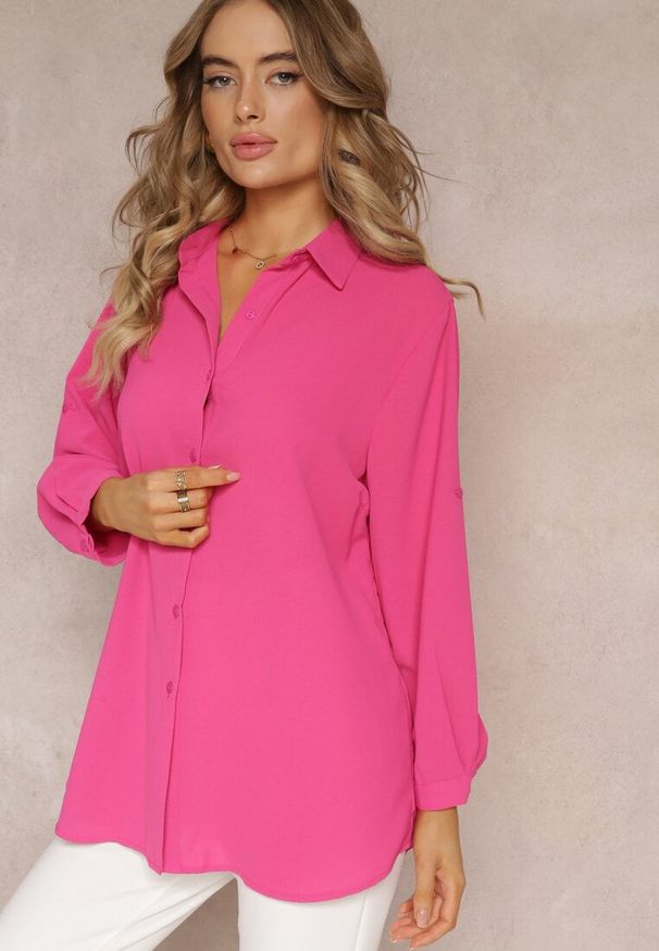 Renee - Fuksjowa Koszula z Kołnierzem i Długimi Rękawami na Guzik Henvia. Kolekcja: plus size. Kolor: różowy. Długość rękawa: długi rękaw. Długość: długie