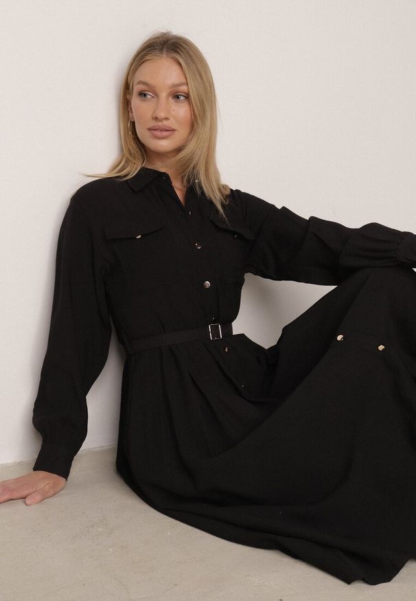 Born2be - Czarna Wiskozowa Sukienka Koszulowa z Paskiem Andranassa. Okazja: na co dzień. Kolor: czarny. Materiał: wiskoza. Wzór: aplikacja. Typ sukienki: koszulowe. Styl: casual, elegancki