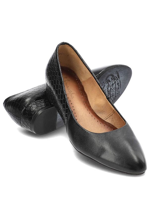 Czarne Czółenka Maciejka Damskie Eleganckie Buty. Zapięcie: bez zapięcia. Kolor: czarny. Materiał: skóra. Szerokość cholewki: normalna. Obcas: na koturnie. Styl: elegancki. Wysokość obcasa: średni